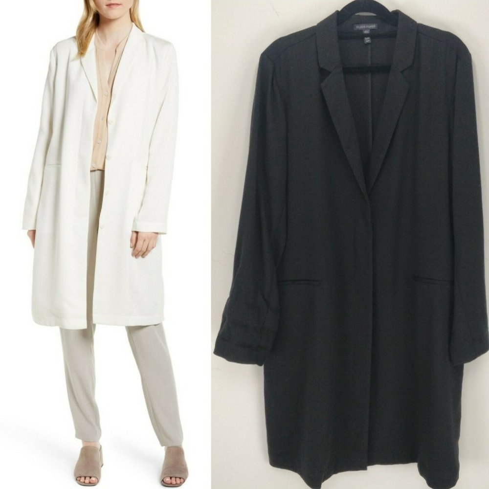 $375 EILEEN FISHER Size M Tencel Lyocell Button Front V-Neck Long Jacket Coat .